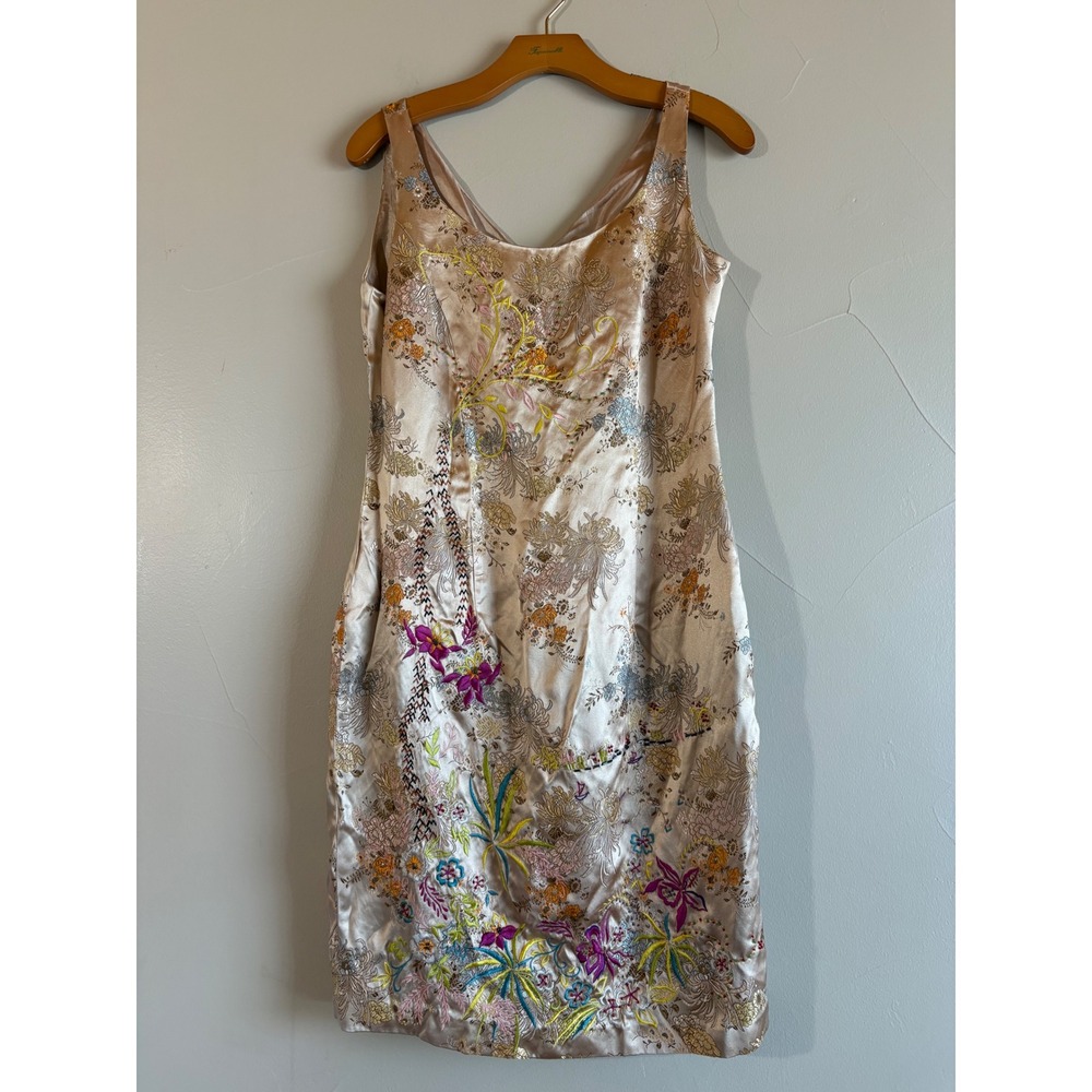 Vintage Satin Brocade Floral Embroidered Beaded Shift Dress Champagne Gold 10 M